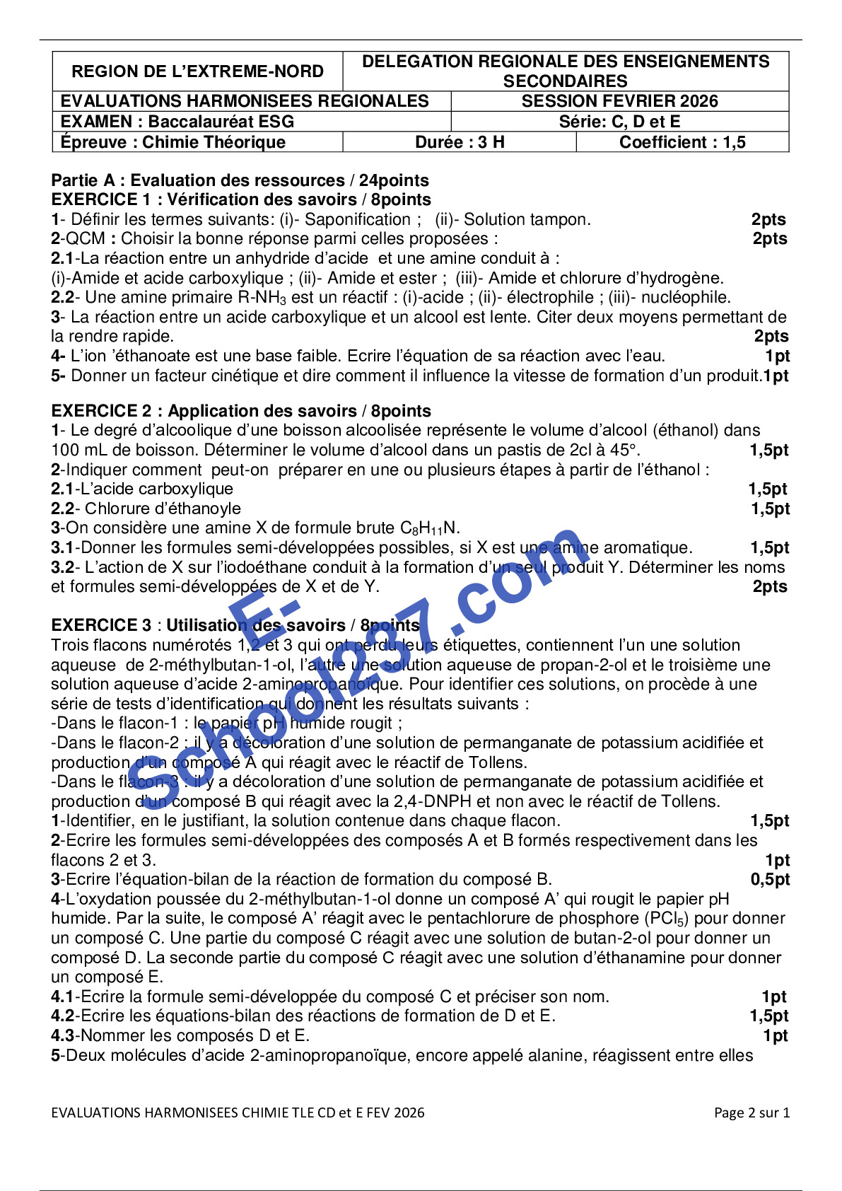 Épreuve zéro régionale Extrême Nord CHIMIE TCD FEV 2026.